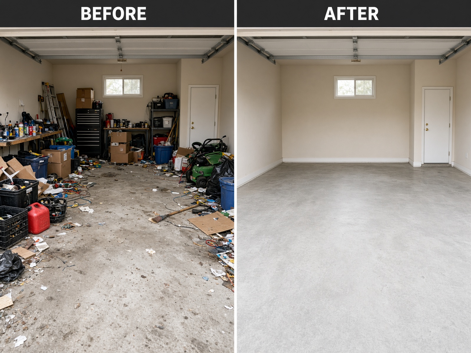 Before and after garage junk removal in Prescott Valley — cluttered garage cleared by Junk Reaper